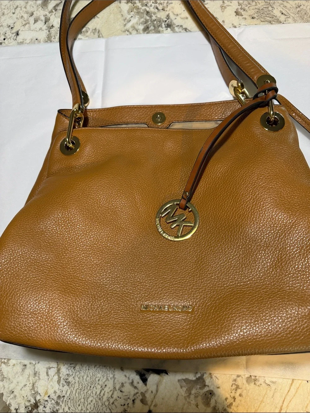 Michael Kors Cognac Pebbled Leather Shoulder Tote with Gold Hardware